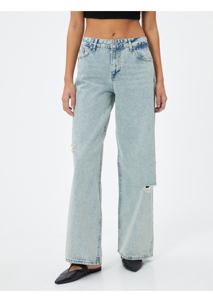 Düz Düşük Bel Kot Pantolon Yıpratılmış Cepli - Loose Straight Jeans modelleri