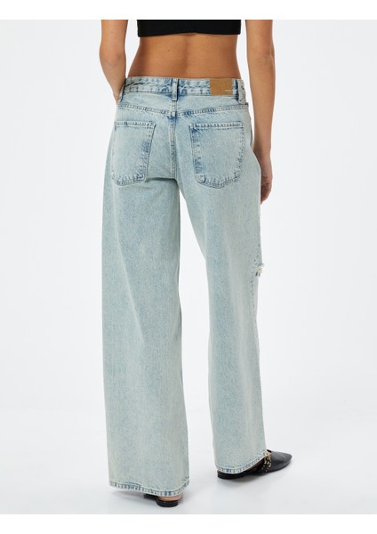 Düz Düşük Bel Kot Pantolon Yıpratılmış Cepli - Loose Straight Jeans fırsatları