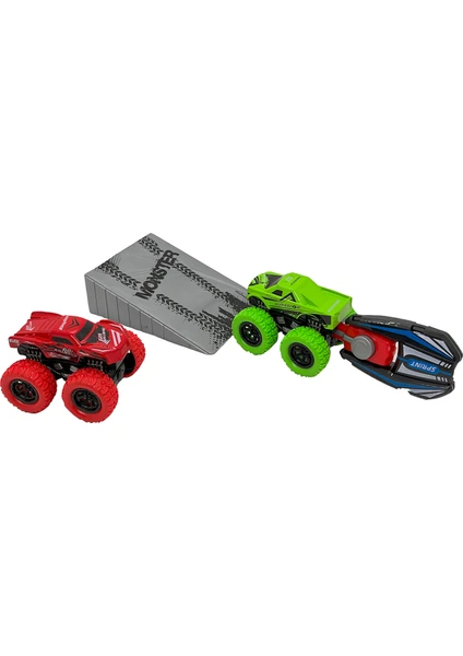 Metal Fırlatıcılı Rampalı Monster Truck 2'li Set - Kırmızı-Yeşil