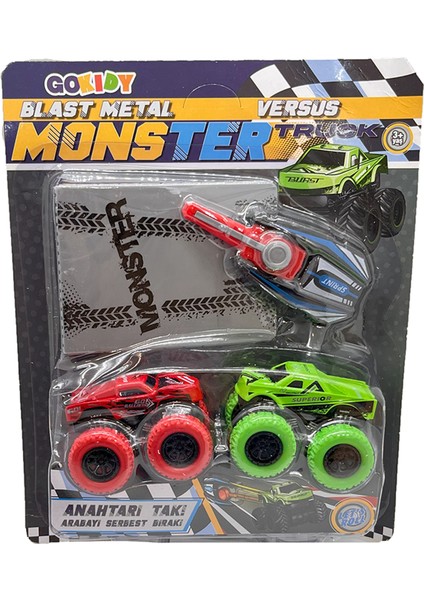 Metal Fırlatıcılı Rampalı Monster Truck 2'li Set - Kırmızı-Yeşil