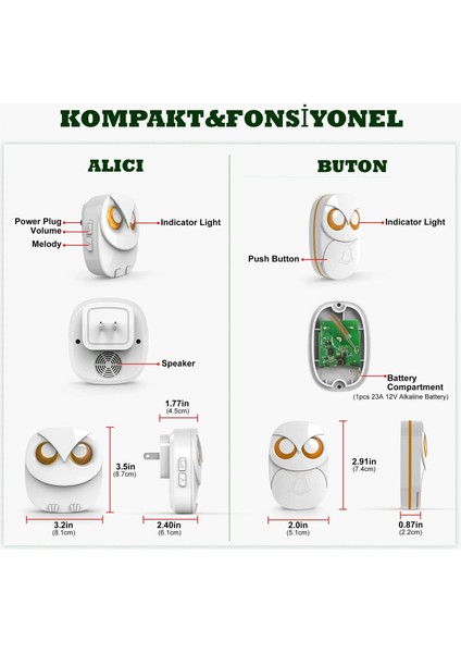 Lüx 1 Buton 1 Alıcı Kablosuz Kapı Zili Yaratıcı Baykuş Şekilli Işıklı Uzun MESAFELI(300 Metre) Ev Ofis Depo(Beyaz)