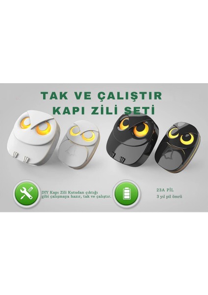 Lüx 1 Buton 1 Alıcı Kablosuz Kapı Zili Yaratıcı Baykuş Şekilli Işıklı Uzun MESAFELI(300 Metre) Ev Ofis Depo(Beyaz)