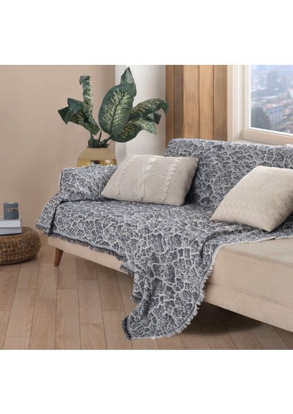 Miracolo Home Pratik Optimal Kaymaz Tasarım 180X220 cm Mermer Desen Koltuk Örtü Önden Saçaklı-2 Li Set-Siyah