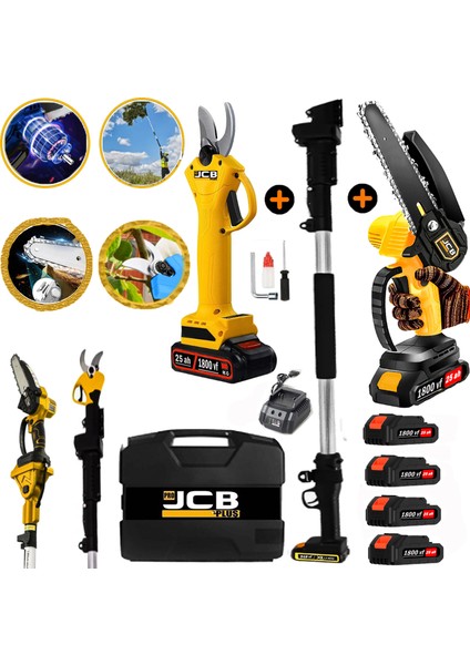 Projcb Plus Brushles Kömürsüz Motor 1800 Vf Yellow 4 Adet Akülü Bağ Makası + Dal Budama 2.7 mt Teleskop