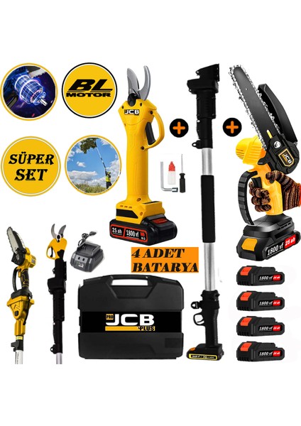 Projcb Plus Brushles Kömürsüz Motor 1800 Vf Yellow 4 Adet Akülü Bağ Makası + Dal Budama 2.7 mt Teleskop