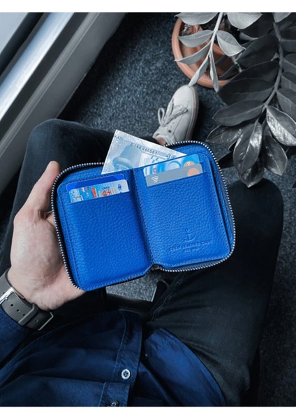 Fermuarlı Küçük Boy Mini Mavi Deri Cüzdan - Erkek / Kadın modelleri