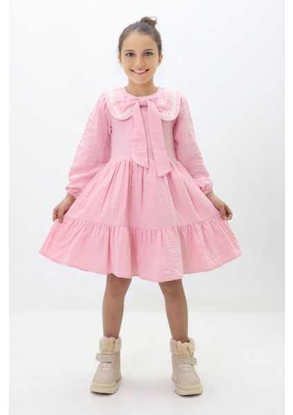 Fiyonk Yaka Detaylı Pamuk Astarlı Kız çocuk elbise - Pembe