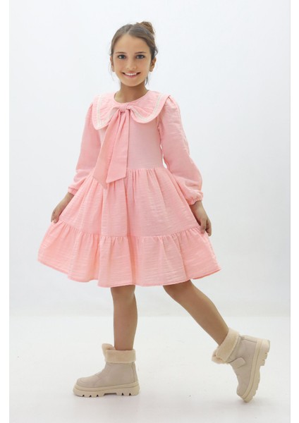 Fiyonk Yaka Detaylı Pamuk Astarlı Kız çocuk elbise - Somon