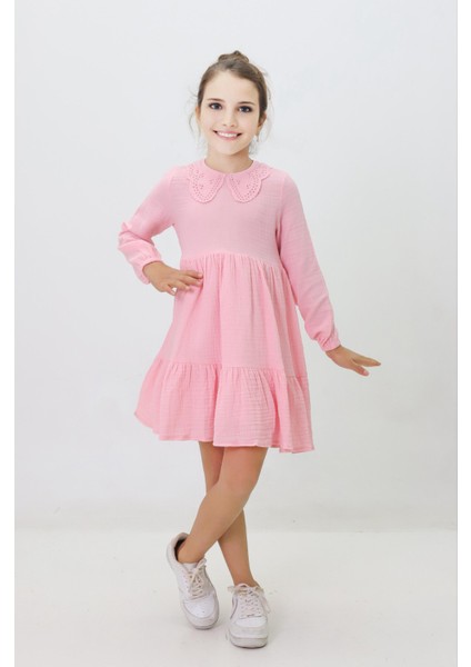 Bebe Yaka Fisto Kız Pamuk Astarlı kız elbise - Pembe
