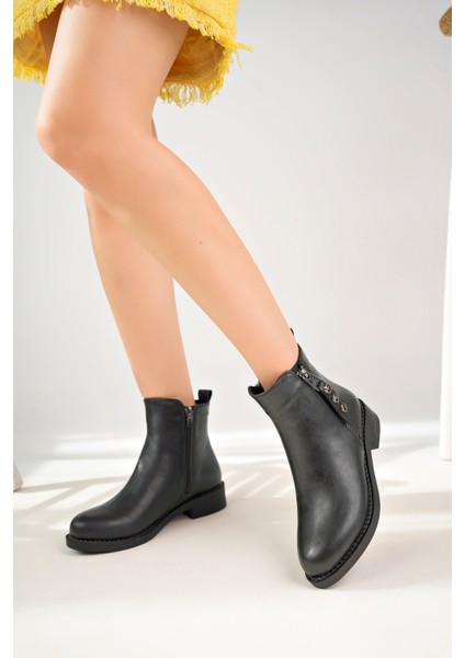 Kadın Bot Siyah Cilt Çift Fermuarlı Tokalı
