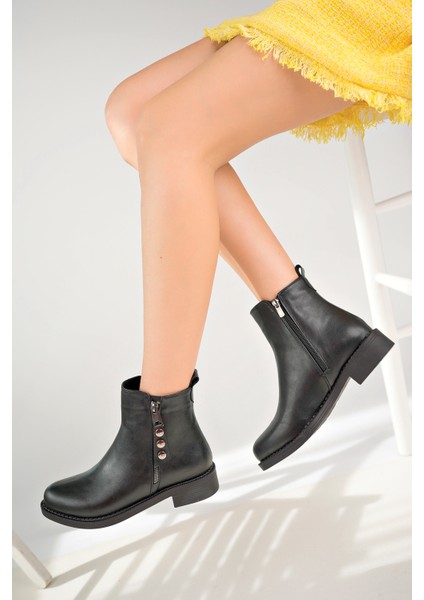 Kadın Bot Siyah Cilt Çift Fermuarlı Tokalı modelleri
