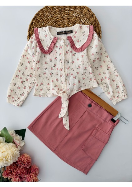 Bağlamalı Çiçek Desenli Kız Çocuk etekli takım - Pembe