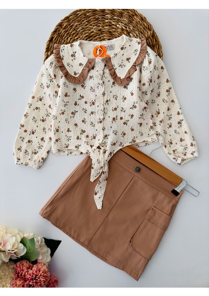 Bağlamalı Çiçek Desenli Kız Çocuk etekli takım - Kahverengi
