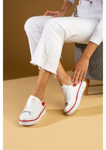 Rahat Taban Renk Şeritli Bağcıklı Kadın Sneaker 001-340-24BKIRMIZI
