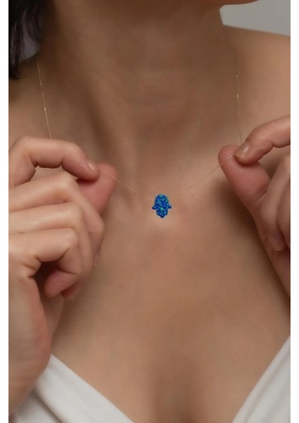 14 Ayar Altın Gökyüzü Mavisi Opal Taşlı El Kolye Kadın Kolye