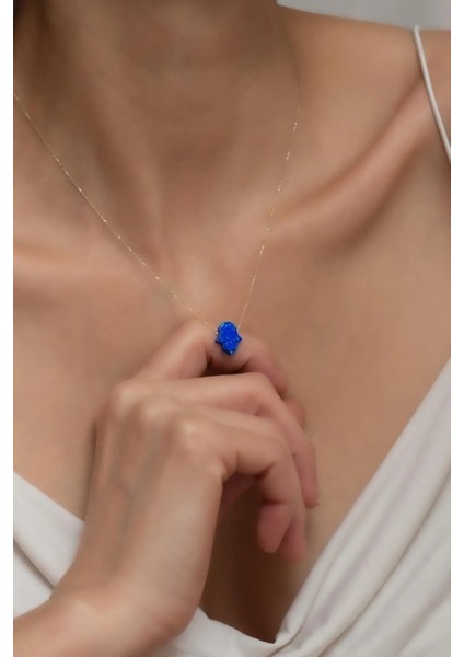 14 Ayar Altın Gökyüzü Mavisi Opal Taşlı El Kolye Kadın Kolye fiyatları