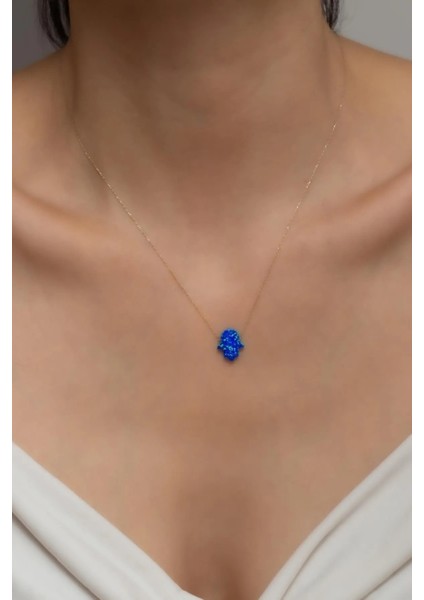 14 Ayar Altın Gökyüzü Mavisi Opal Taşlı El Kolye Kadın Kolye modelleri