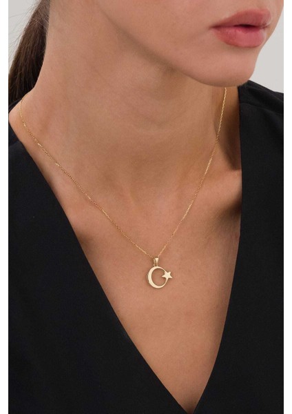 14 Ayar Altın Ay Yıldız Türk Bayrağı Özel Altın Kolye