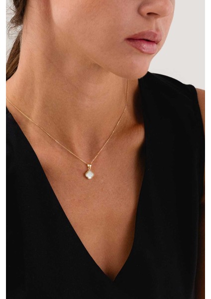 14 Ayar Altın Singapur Zincir Sedef Taşlı Yonca Kolye