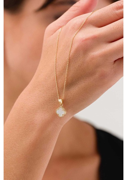 14 Ayar Altın Singapur Zincir Sedef Taşlı Yonca Kolye modelleri