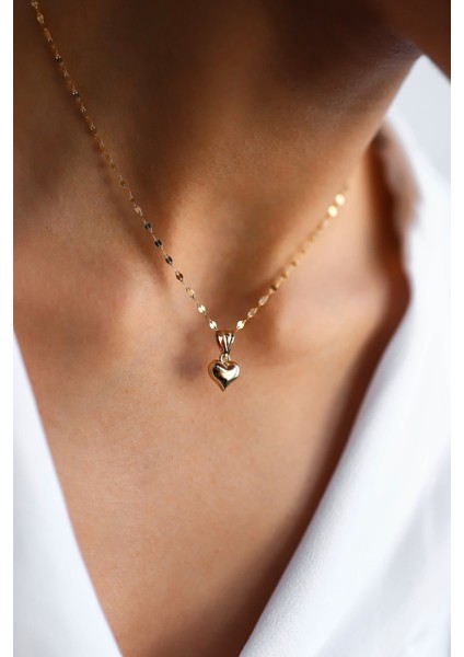 14 Ayar Kalpli Kolye Italyan Ezme Zincir Kalpli Kolye Ucu Altın Kolye