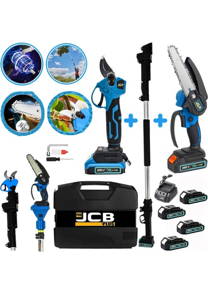 Projcb Plus 1800 Vf Brushles Kömürsüz Motor 2'li Set Blue 4 Adet Akülü Bağ Makası + Dal Budama 2.7 mt Teleskop