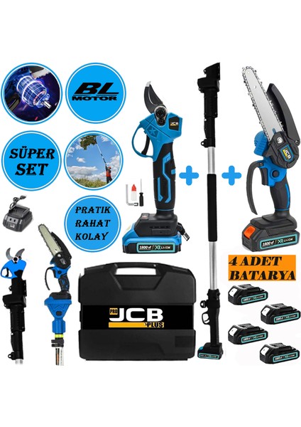 Projcb Plus 1800 Vf Brushles Kömürsüz Motor 2'li Set Blue 4 Adet Akülü Bağ Makası + Dal Budama 2.7 mt Teleskop