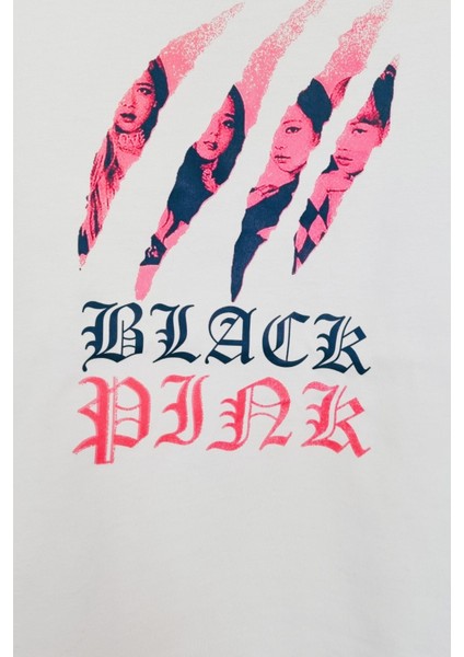 Kpop Blackpink Baskılı Beyaz Bisiklet Yaka OversizeTişört