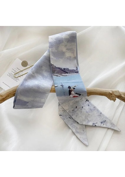 Mor Mürekkep Stili Monet Nilüfer Yağlıboya Ipek Eşarp Yağlıboya Ipek Eşarp Sanatsal Duygu Bağlamalı Çanta Flama Moda Dar Uzun Saç Bandı (Yurt Dışından)