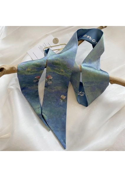 Mor Mürekkep Stili Monet Nilüfer Yağlıboya Ipek Eşarp Yağlıboya Ipek Eşarp Sanatsal Duygu Bağlamalı Çanta Flama Moda Dar Uzun Saç Bandı (Yurt Dışından)