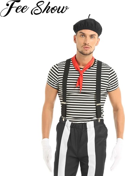 Siyah Stil Xl Beden Erkekler Yetişkin Fransız Mim Sanatçısı Sirk Cadılar Bayramı Cosplay Kostüm Kıyafet Siyah Beyaz Çizgili T-Shirt ve Bere Eşarp Askı Eldiven (Yurt Dışından) fiyatları