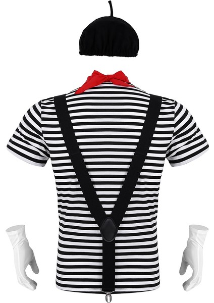 Siyah Stil Xl Beden Erkekler Yetişkin Fransız Mim Sanatçısı Sirk Cadılar Bayramı Cosplay Kostüm Kıyafet Siyah Beyaz Çizgili T-Shirt ve Bere Eşarp Askı Eldiven (Yurt Dışından) fırsatları