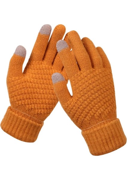 Haki Stili Kadın Kaşmir Örme Eldiven Dokunmatik Ekran Unisex Kış Eldivenleri Sıcak Yün Kalın Eldiven Cep Telefonu Tablet Pad Düz Renk (Yurt Dışından)