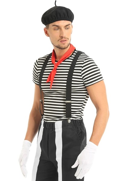 Siyah Stil Xxl Erkek Yetişkinler Fransız Mime Sanatçısı Sirk Sirk Ustası Cosplay Kostüm Kıyafet Bere Eşarp ile Çizgili T-Shirt Askı Eldiven Setleri (Yurt Dışından) fiyatları