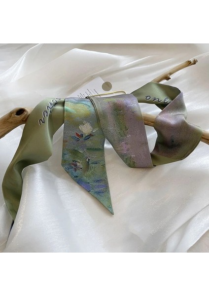 Yeşil Nilüfer Tarzı Monet Nilüfer Yağlıboya Ipek Eşarp Yağlıboya Ipek Eşarp Sanatsal Duygu Bağlamalı Çanta Flama Moda Dar Uzun Saç Bandı (Yurt Dışından)