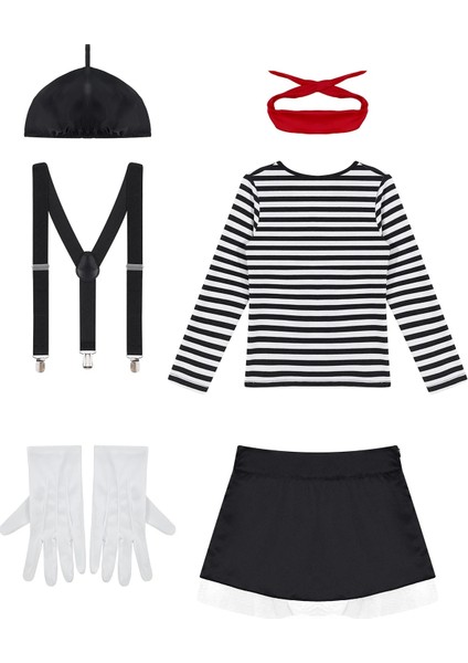 Siyah Stil No.14 Boyutu Çocuk Kız Mime Aritist Sanatçı Palyaço Sirk Cosplay Kostüm Baskı Jartiyer ile Tops Etek Eşarp Bere Şapka ve Eldiven Seti (Yurt Dışından) modelleri