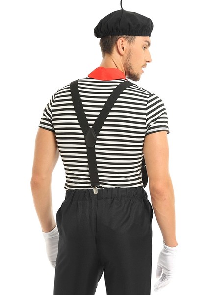 Siyah Stil Xl Beden 5 Adet Erkekler Mime Sanatçısı Sirk Cadılar Bayramı Cosplay Kostüm Siyah ve Beyaz Çizgili T-Shirt Bere Kırmızı Eşarp Askı ve Eldiven (Yurt Dışından) modelleri