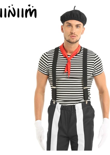 Siyah Stil Xl Beden Iiniim Erkekler Yetişkinler Fransız Mime Sanatçı Sirk Cadılar Bayramı Cosplay Kostüm Bere Kırmızı Eşarp ile Çizgili T-Shirt Askı Eldiven (Yurt Dışından) fiyatları