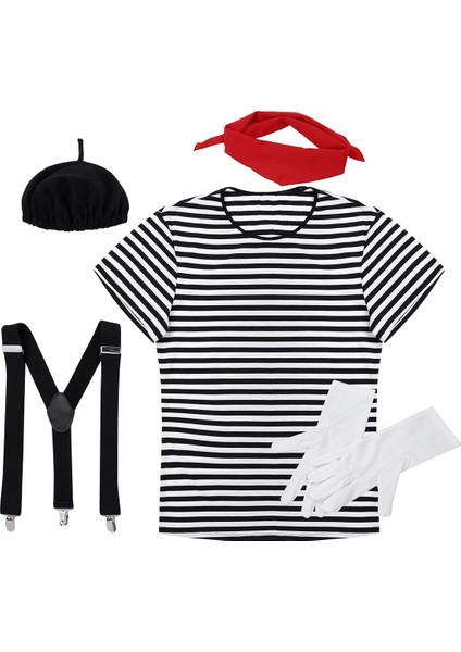 Siyah Stil L Beden Erkekler Yetişkinler Fransız Mim Sanatçısı Artiste Süslü Elbise Kostüm Cadılar Bayramı Cosplay Kıyafet T-Shirt ile Eşarp Askı ve Eldiven (Yurt Dışından) fiyatları