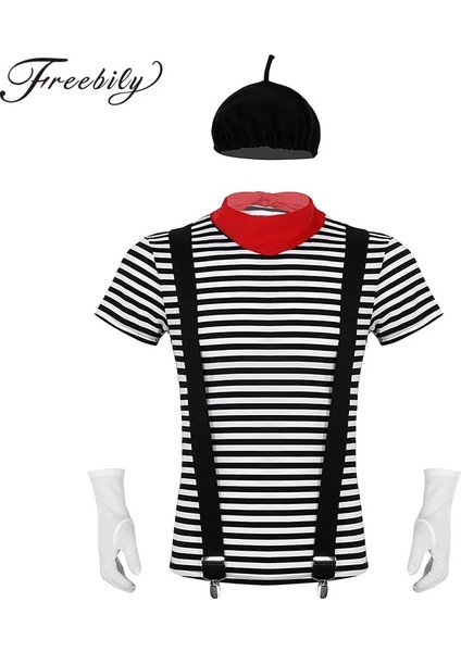 Siyah Stil L Beden Erkekler Yetişkinler Fransız Mim Sanatçısı Artiste Süslü Elbise Kostüm Cadılar Bayramı Cosplay Kıyafet T-Shirt ile Eşarp Askı ve Eldiven (Yurt Dışından) modelleri