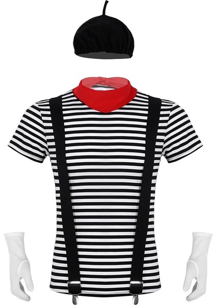 Siyah Stil M Beden 5 Adet Erkekler Mime Sanatçısı Sirk Cadılar Bayramı Cosplay Kostüm Siyah ve Beyaz Çizgili T-Shirt Bere Kırmızı Eşarp Askı ve Eldiven (Yurt Dışından)