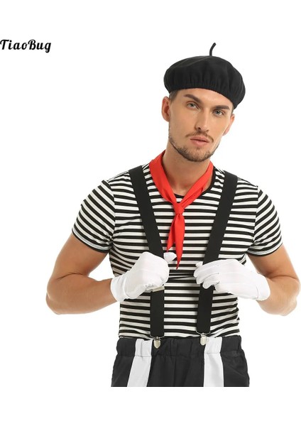 Siyah Stil M Beden 5 Adet Erkekler Mime Sanatçısı Sirk Cadılar Bayramı Cosplay Kostüm Siyah ve Beyaz Çizgili T-Shirt Bere Kırmızı Eşarp Askı ve Eldiven (Yurt Dışından)