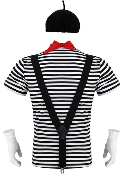 Siyah Stil M Beden 5 Adet Erkekler Mime Sanatçısı Sirk Cadılar Bayramı Cosplay Kostüm Siyah ve Beyaz Çizgili T-Shirt Bere Kırmızı Eşarp Askı ve Eldiven (Yurt Dışından)