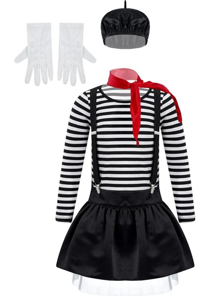 Siyah Stil No.6 Boyutu Çocuk Kız Aritist Sanatçı Palyaço Sirk Cosplay Oufit Mime Kostüm Baskı Jartiyer ile Tops Etek Eşarp Bere Şapka ve Eldiven Seti (Yurt Dışından)