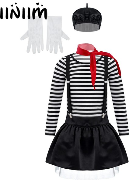 Siyah Stil No.8 Boyutu Çocuk Kız Mime Aritist Sanatçı Palyaço Sirk Cosplay Kostüm Baskı Jartiyer ile Tops Etek Eşarp Bere Şapka ve Eldiven Seti (Yurt Dışından) fırsatları