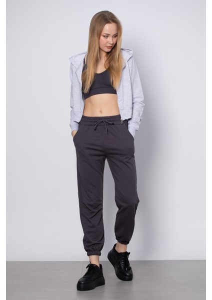 Kapüşonlu Kısa Ince Sweatshirt - Kar Melanj