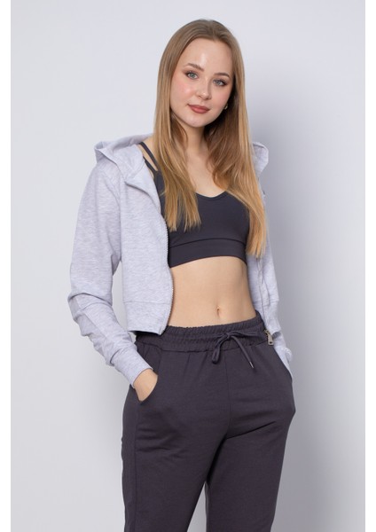 Kapüşonlu Kısa Ince Sweatshirt - Kar Melanj