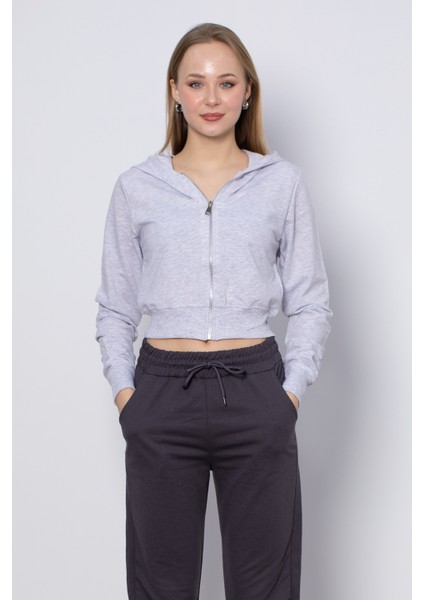 Kapüşonlu Kısa Ince Sweatshirt - Kar Melanj