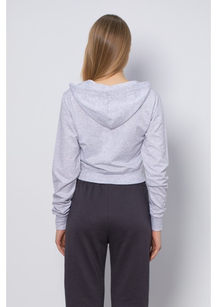 Kapüşonlu Kısa Ince Sweatshirt - Kar Melanj