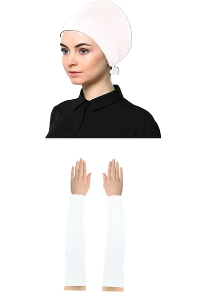 Belifanti Collection Kadın Penye Düz Bone Namaz Kolluğu Beyaz 2'li Set